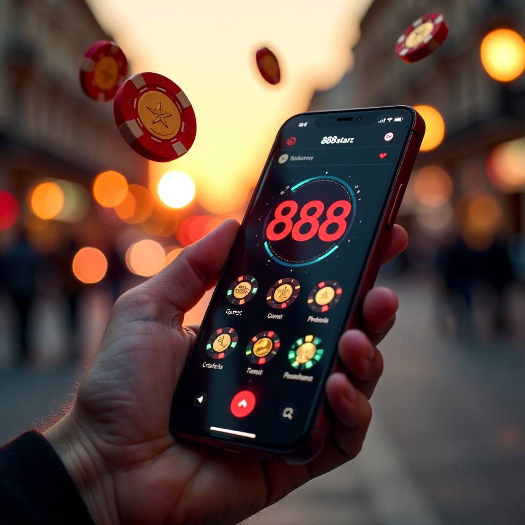 A premium smartphone in a hand with the 888starz app interface, background featuring a blurred Gran Vía in Madrid at sunset, 3D flying gold coins and red poker chips, brand colors red and black, hyper-realistic, 8k.